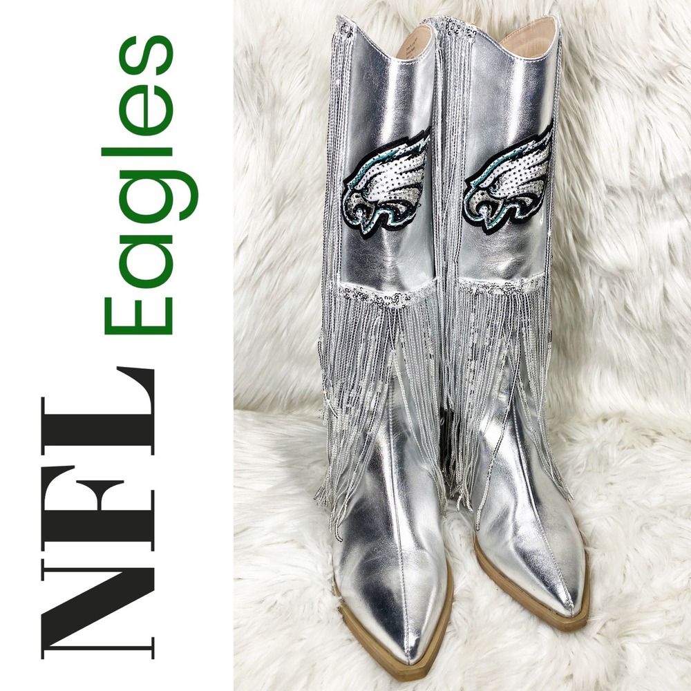NFL Philadelphia Eagles Western Boots Silver Sequin Fringe Bling Bird Womens 8